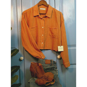 NWT Arizona Co Large Orange Plaid Button Up Long Sleeve Cropped Blouse- RTL $36